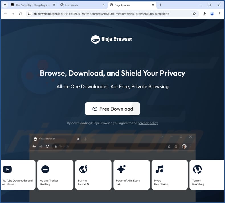 Website zur Werbung für Ninja Browser